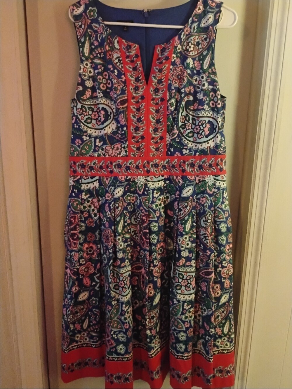 Bohemian Paisley Sleeveless Pleated Midi Dress Blue & Red Colorblock Accent Size
